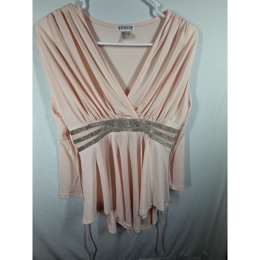 VENUS Rhinestone Empire Waist Top Peplum Blouse Pink Peach Long Sleeve Small S